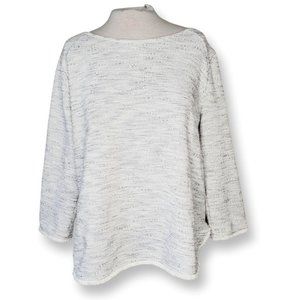 Anthropologie W5 Top Tweed Fringe Preppy Metallic Cotton White Silver XL